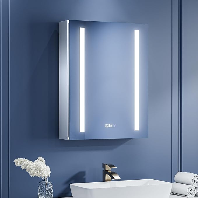 ExBrite Lighted Bathroom Medicine Cabinet, 20 x 26 Inch, Recessed or Surface led Medicine Cabinet, Defog, Stepless Dimming,Color Temper Change, 2 Outlets, Storage Shelves, Left Hinge