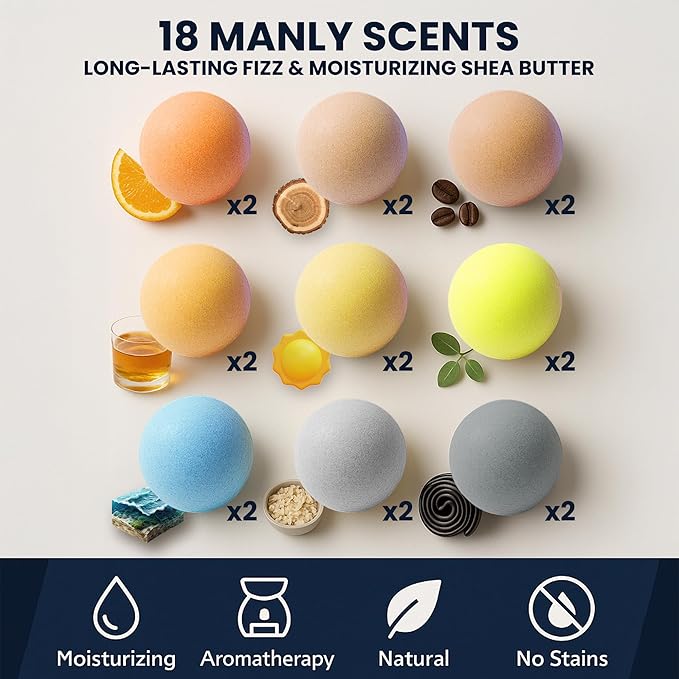 Bath Bombs for Men - Gift Set of 18 Scented Handmade Natural Bath Bombs of 2.5 oz w/Essential Oils, Unique Manly Scents, for Boyfriend, Husband, Father - 18 Pack