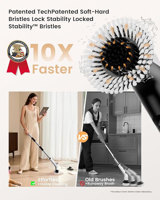 Antime Electric Spin Scrubber with LED Light, IPX8 Waterproof Cleaning Brush with LCD Display, 5 Replaceable Brush Heads, Shower Scrubber with 25kg Torque, 90min Runtime for Bathroom, Kitchen, Tile