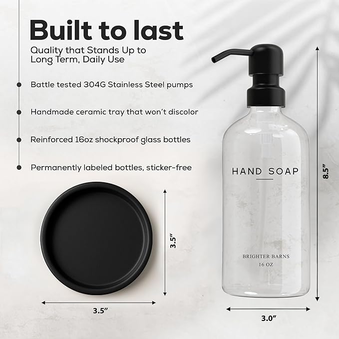 Glass Hand Soap Dispenser Bathroom Set by Brighter Barns - Bathroom Soap Dispenser Set - Refillable Pump Bottle with Tray - Neutral Home Decor for Airbnb, Hotel, Vacation Rental, Restaurants (Clear)