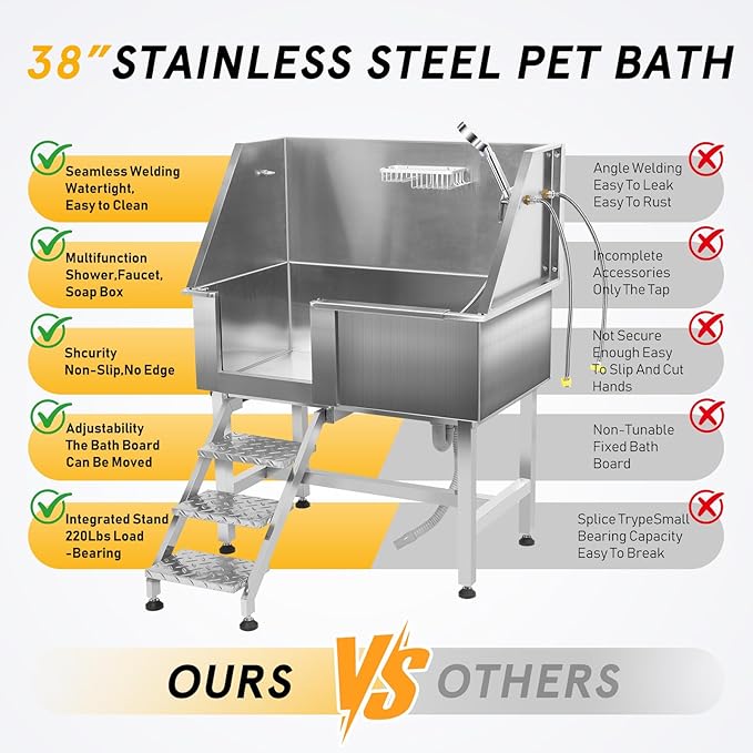 Dog Grooming Tub 38inch Stainless Steel Dog Bathing Station with Non-Slip Steps Faucet for Small to Large Pet up to 220lbs – Pet Wash Tub for Home Grooming Use