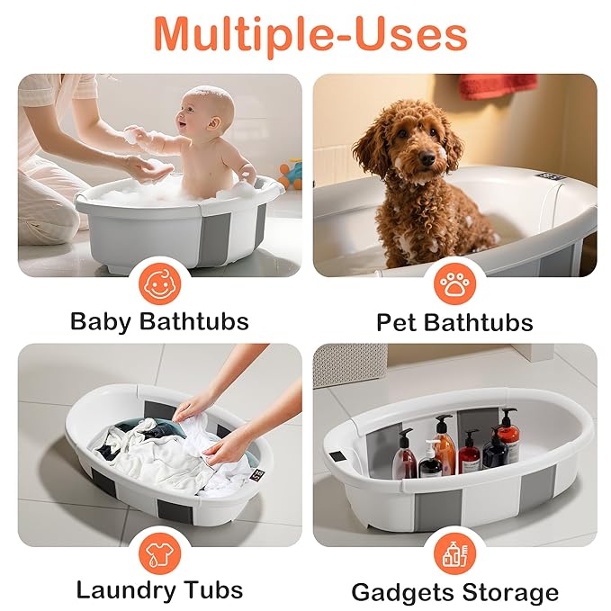 Collapsible Baby Bathtub - Large Baby Bath Tub with Thermometer & Cushion | Travel Portable Newborn Infant Bathtub | Foldable Toddler Bathtub for Baby 0 to 36 Months (Grey)
