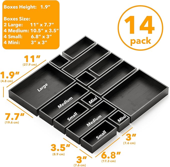 SpaceAid 14-Piece Bamboo Drawer Organizer Storage Boxes Set, Wood Tray Junk Drawer Organizers Multi-Use Divider Bins for Kitchen, Bathroom, Office Desk and Makeup Organization (14 Pack, Black)