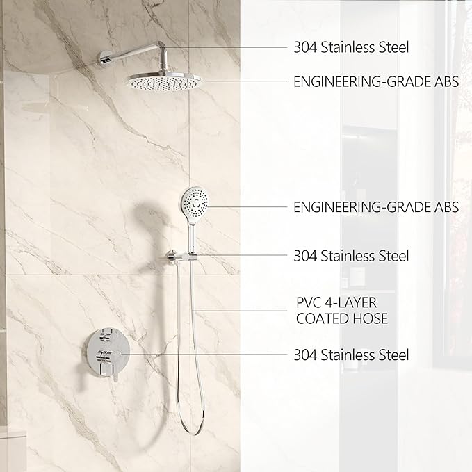 Polished Chrome Shower Faucet Set, Wall Mount Rain Shower System 10 Inches Shower Head with Handheld Set, Included Rough-in Valve and Trim Kit