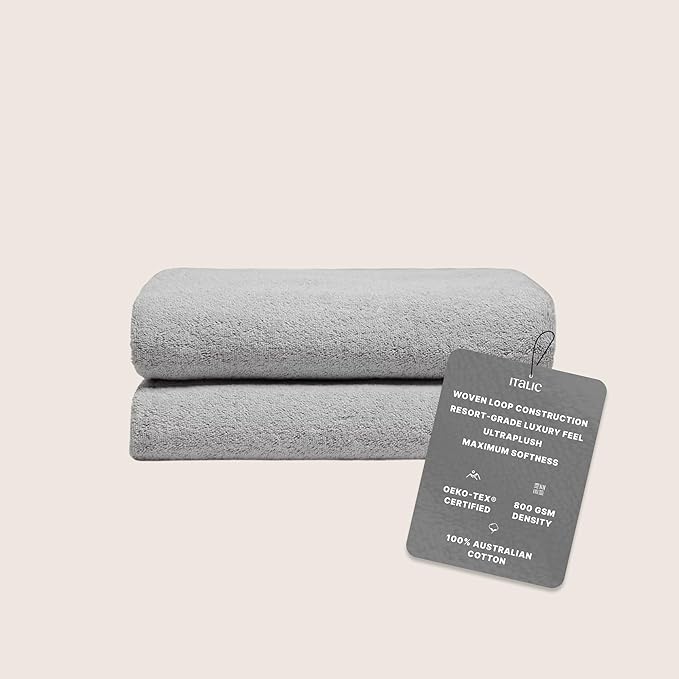 Italic Ultraplush 100% Australian Cotton Towels - Set of 2 Luxury Bath Towels, Quick Dry Plush and Absorbent, Heavy Duty Large Bath Towels, 800GSM Towels for Bathroom & Spa (Light Gray)