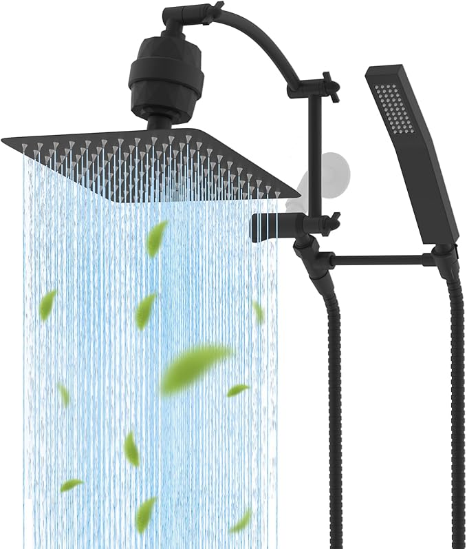 Hibbent All Metal 10'' Filtered Rainfall Shower Head with Handheld Combo, High Pressure Shower Wand, 16'' Adjustable Extension Arm, 20 Stage Shower Filter, 71'' Hose, Shower Holder, Matte Black