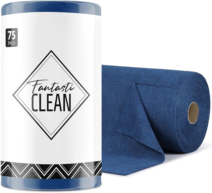 Fantasticlean Microfiber Cleaning Cloth Roll -75 Pack, Tear Away Microfiber Towels, 12" x 12", Reusable, Washable, Scratch Free, Ultra Absorbent Dish Rags for Car, Home, Garage or Shop (Navy Blue)