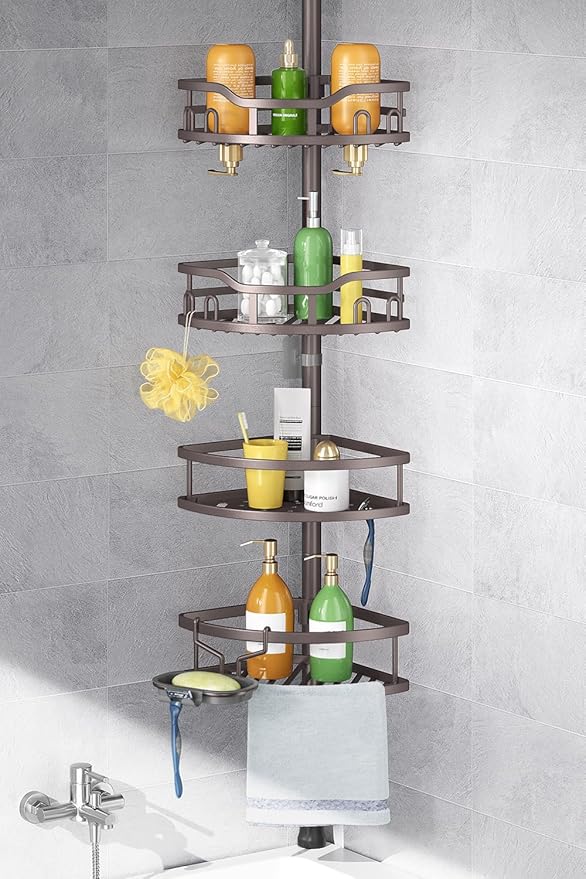 HAMITOR Corner Shower Caddy Tension Pole: Rustproof Stable 4-Tier Bathroom Organizer Shelves for Bathtub Shampoo Storage - 47-121 Inch Quick Install Adjustable Standing Rack with Soap Rack - Bronze