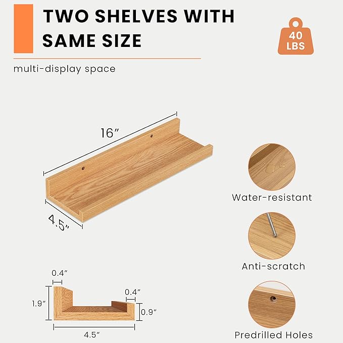 Heimlove Picture Ledge Shelf, Small Floating Shelves Set of 2, 16 Inches Picture Shelf for Wall with Ledge, Kids Bookshelf Wall Mounted for Living Room Bedroom Decor Books Photo Frames, Oak
