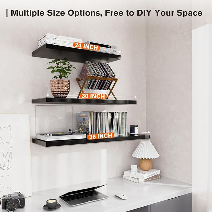Wall Shelf Set of 3,Dark Wood Floating Shelves 36 in W x 10 in D x 1 in H, Wooden Floating Wall Shelf with Invisible Brackets for Living Room/Bedroom/Bathroom/Kitchen Storage and Decor