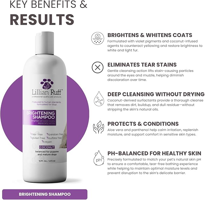 Lillian Ruff PRO Formula Ultra Brightening Dog Shampoo - Professional Whitening & Long-Lasting Odor Eliminator, Remove Stains & Discoloration, Dry Skin & Itch Relief - Aloe & Provitamin B5 16oz+Brush