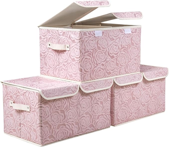 PRANDOM Large Stackable Storage Bins with Lids Fabric Decorative Storage Box Cubes Organizer Containers Baskets with Cover Handles Divider for Bedroom Closet Living Room 17.3x11.8x9.8 Inch 3 Pack