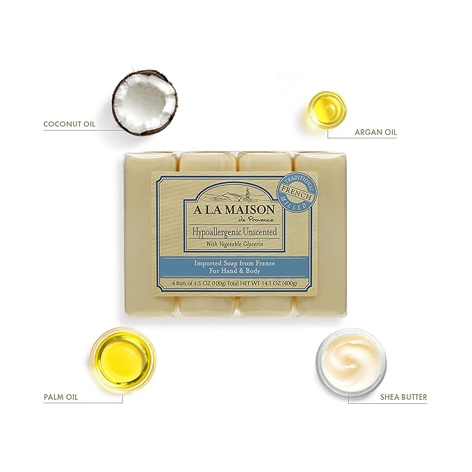 A LA MAISON Hypoallergenic Unscented Bar Soap - Triple French Milled Natural Moisturizing Hand Soap Bar (12 Bars of Soap, 3.5 oz)