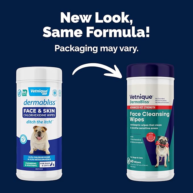 Vetnique Dermabliss Dog Face Wipes - Medicated Chlorhexidine Wipes for Dogs with Wrinkles, French Bulldog, English Bulldog Dog Grooming Wipes Cleaning & Deodorizing Dog Wipes