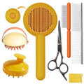 Dog Grooming Brush Set, 7 PCS Self-Cleaning Deshedding Hair Brushes for Short Long Haired Dogs Cats, Includes Scrubber Shower Wash Brush, Dematting Comb, Scissor - Yellow