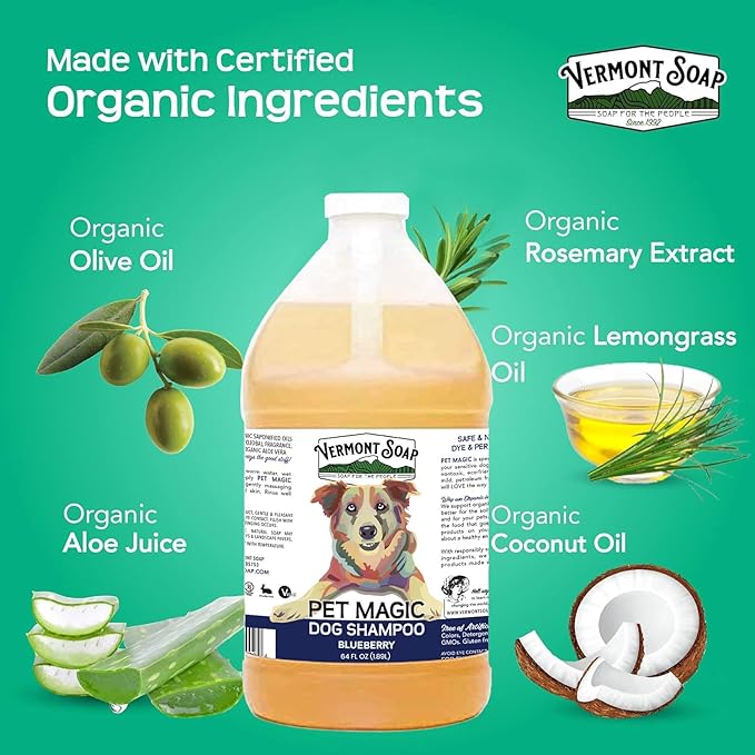 VERMONT SOAP Organics Pet Shampoo - Infused with Organic & Natural Olive Oil, Coconut & Aloe Vera Dog Shampoo for Sensitive Skin - USDA Certified Grooming, Blueberry (64oz)