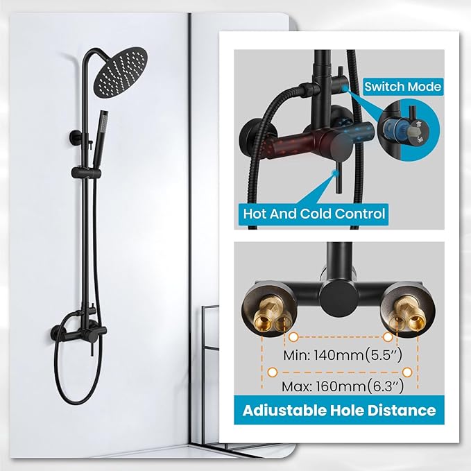gotonovo SUS304 Outdoor Shower Fixture High Pressure Shower System Wall Mount 2 Dual Function Single Handle Shower Kit with 8 Inch Shower Head and Handheld Spray Shower Faucet Combo, Matte Black