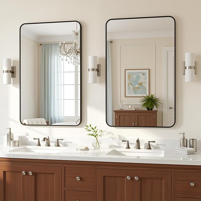 Antok 2-Pack Bathroom Mirrors, 24"x36" Double Wall Mirrors, Decorative Mirror Vanity Mirror Aluminum Alloy Frame Contemporary Hanging for Living Room Bathroom Entryway, Black