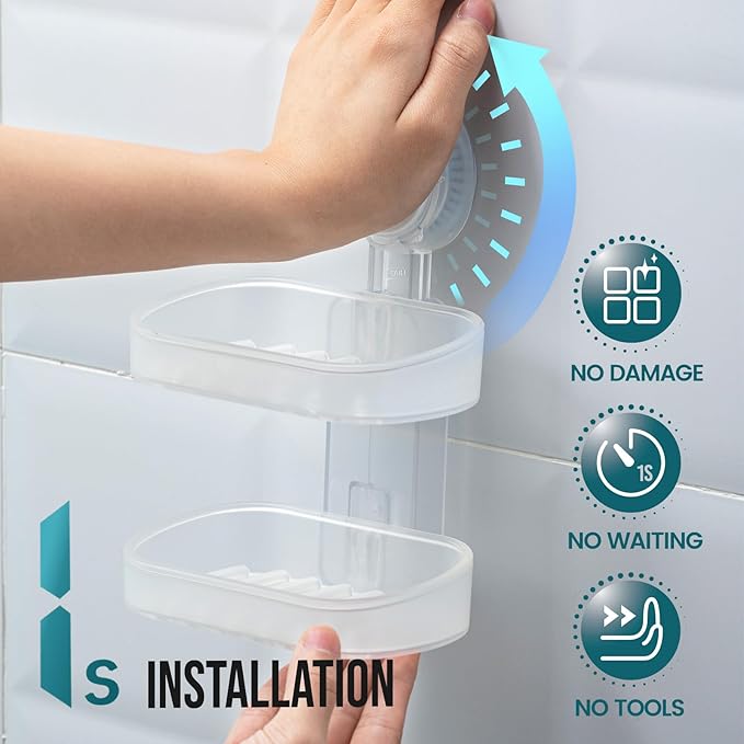 TAILI Double Layer Soap Dish Holder Suction Cup, Strong Sponge Holder for Shower, No Tools Soap Saver for Bathroom, Tub and Kitchen Sink, Shower Accessories, Drill-Free, Removable,Clear