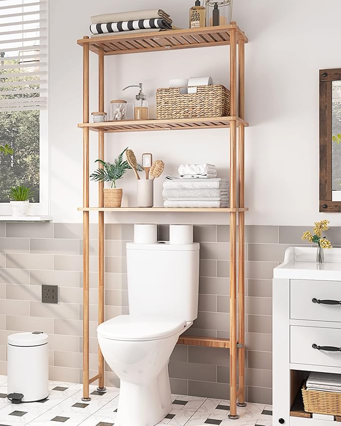 AmazerBath Over The Toilet Storage Shelf Bamboo, 3-Tier Over Toilet Organizer Rack, Freestanding Above Toilet Shelf for Bathroom, Laundry, Space Saver, Natural Color