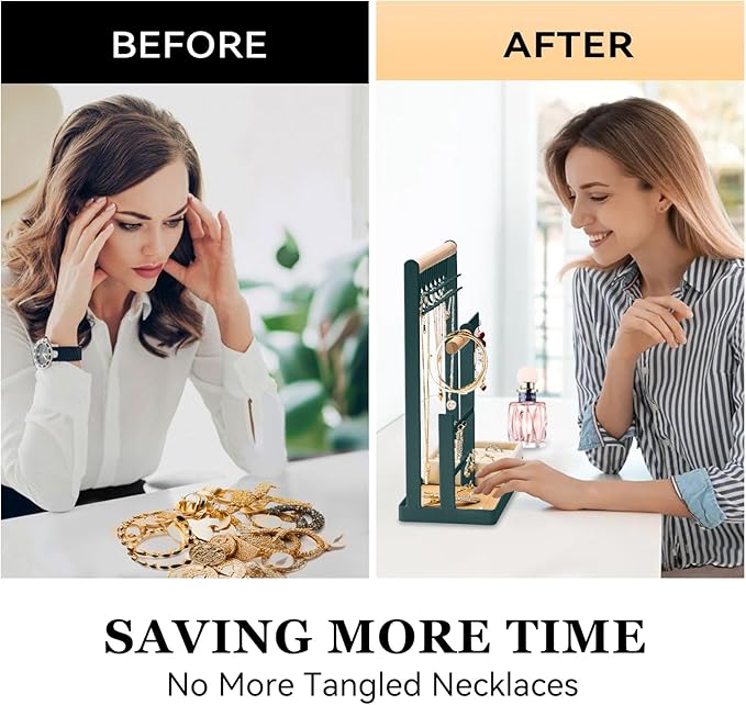 DreamGenius Jewelry Organizer Stand with Velvet Ring Holder, 4 Tier Jewelry Holder Organizer with 15 Hooks for Necklaces and 16 Holes for Earrings, Green