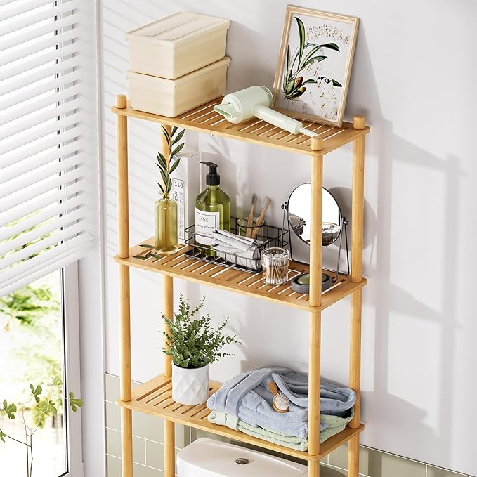 AmazerBath Over The Toilet Storage Shelf Bamboo, 3-Tier Over Toilet Organizer Rack, Freestanding Above Toilet Shelf for Bathroom, Laundry, Space Saver, Natural Color