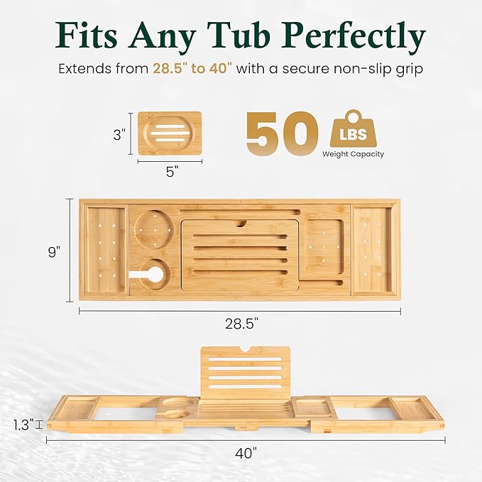 Bamboo Bathtub Tray, Bath Caddy with Wine Glass Holder, Phone Dock & Book Stand | Hands-Free Reading & Ultimate Spa Relaxation Experience-Natural