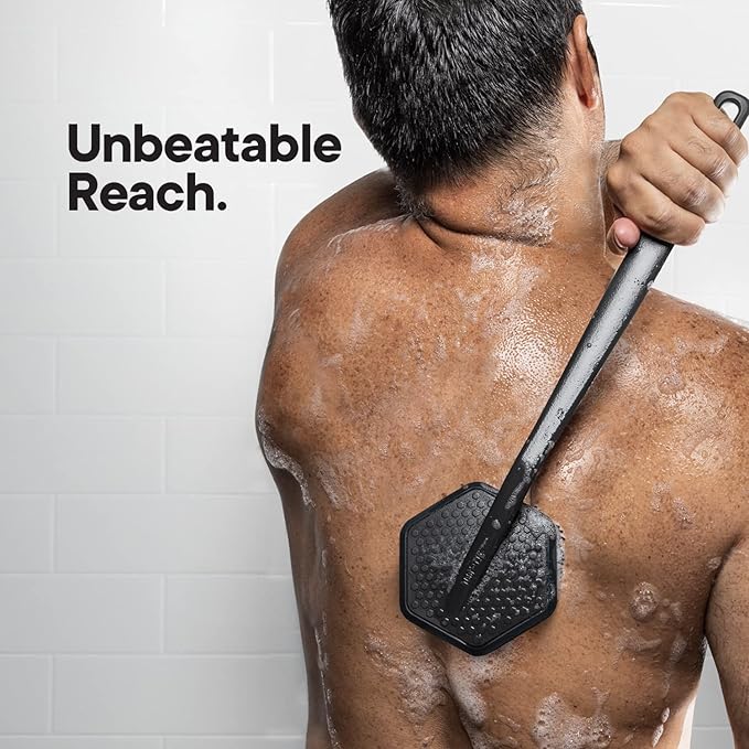 TOOLETRIES Silicone Back Scrubber - Exfoliating Shower Brush, Back Washer for Men, Durable Back Brush with Long Handle - Long Lasting Bath & Shower Accessories - Charcoal