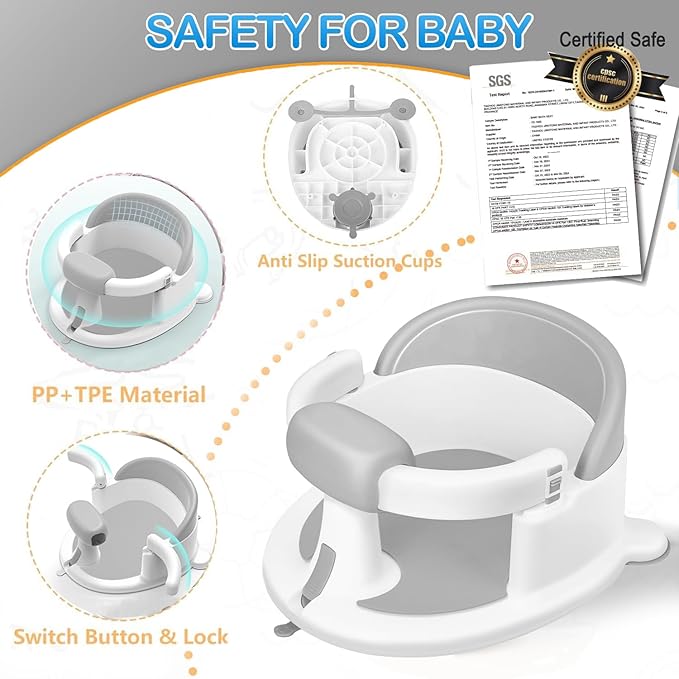 Baby Bath Seat for Babies 6 Months & Up, Toddler Bath Seats for Babies Sitting Up, Non-Slip Infant Bath Tub Chair with Suction Cups & Soft Cushion for Shower, Compact Toddler Bathtub Seat, Grey