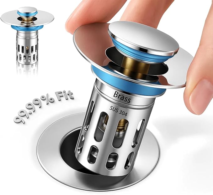 Bathroom Sink Stopper,Pop Up Drain for Bathroom Sink,Sink Stopper Hair Catcher,Silent Popper Core w/Removable Stainless Steel Filter Basket,Sink Drain Plug Fit for 1.05~2.0''Basin(All Metal)