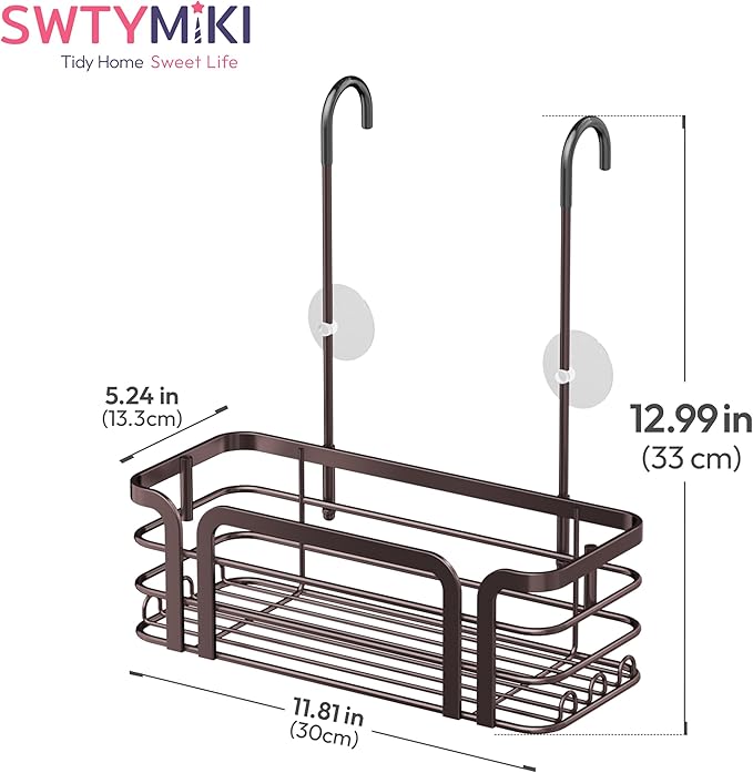 SWTYMIKI Shower Caddy Hanging Organizer - Over the Door Shower Caddy with 6 Hooks, 2 Installation Ways, Stainless Steel Rustproof Bathroom Organizer, Bronze