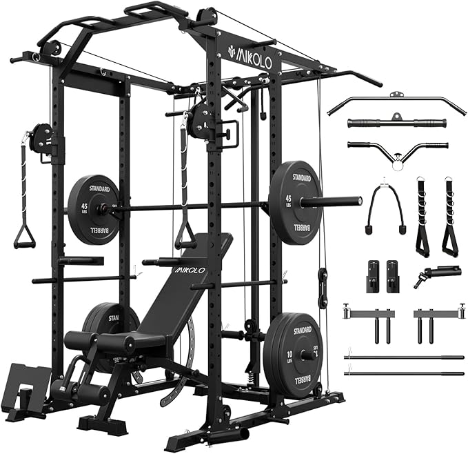 Mikolo Power Cage, Power Rack with Cable Crossover System, 1500LBS Squat Rack with LAT Pull Down System, Workout Cage with Pulley System for Fitness Home Gym