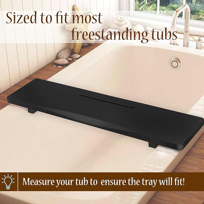 Stylish Black Bamboo Bathtub Tray Caddy with Adjustable Legs, Minimalistic Design Bath Tray for Tub, Bathtub Accessories, Fits Most Free Standing Bath Tubs, Idea for Women