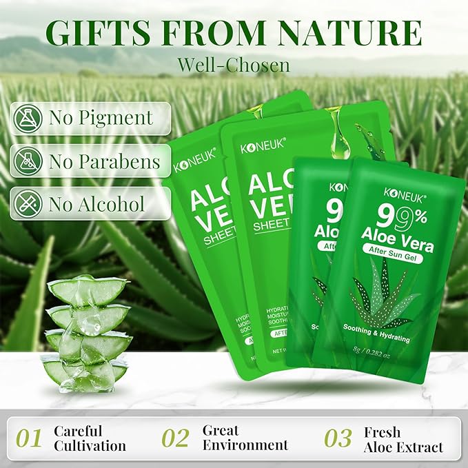 30 Pack Aloe Vera Gel and 30 Pack Face Masks Skincare, Aloe Vera Gel and Facial Mask for Face, Hair, Body, Skin, Bulk Travel Size Aloe Gel and Mask for Sunburn Relief