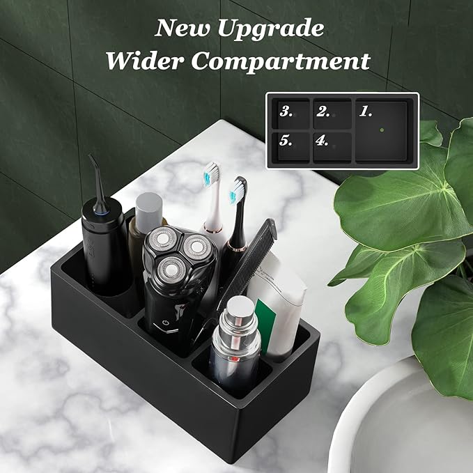 Luxspire Toothbrush Holder, 5 Slots Toothbrush Razor Holder Toothpaste Stand, Resin Decorative Dental Storage for Bathroom Accessories Set Vanity Counter Sink Organizer Storage Organizer Caddy - Black