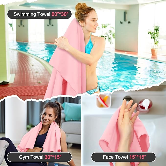 Quick Dry Travel Towel, 3 Sizes 1 Pack Camping Microfiber Towel, Lightweight Fast Drying Towels Set 60"x30", 30"x15", 15"x15" w/Bag for Gym, Beach, Hiking, Swimming, Pink