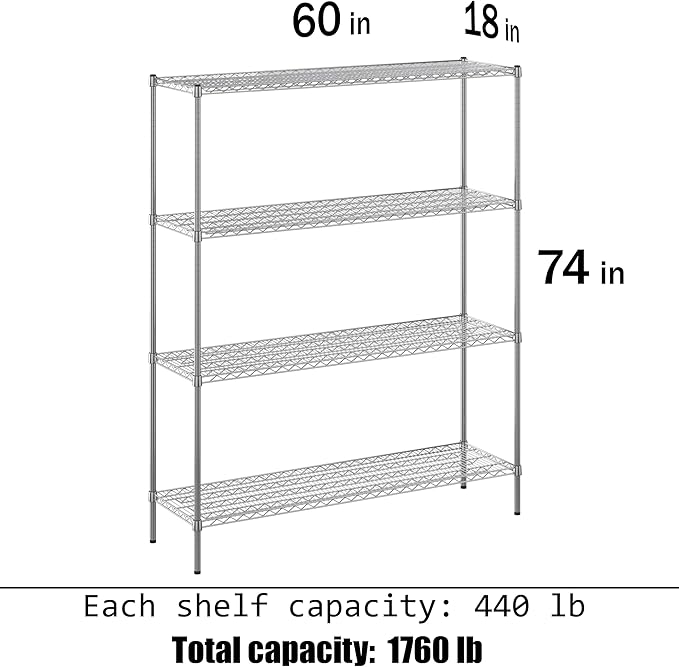 18" Deep x 60" Wide x 74" Height Wire Shelving Kit | 4-Tier | NSF Commercial Storage Rack Unit