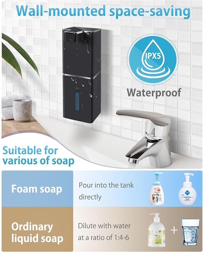 Automatic Foaming Soap Dispenser Touchless 380ml/12.8oz Rechargeable Hand Soap Dispenser Wall Mounted 4 Levels Adjustable Foam Soap Pump for Bathroom Kitchen Dish Soap