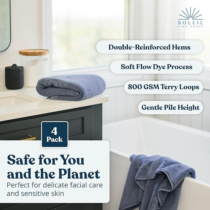 Soleil Fine Goods Luxurious 800 GSM 100% Cotton Bath Towel Set (4-Pack, 27x54) - Heavyweight & Ultra Absorbent, Plush Softness for Bathroom | Hotel & Spa Quality Luxury Towels- Blue Grey