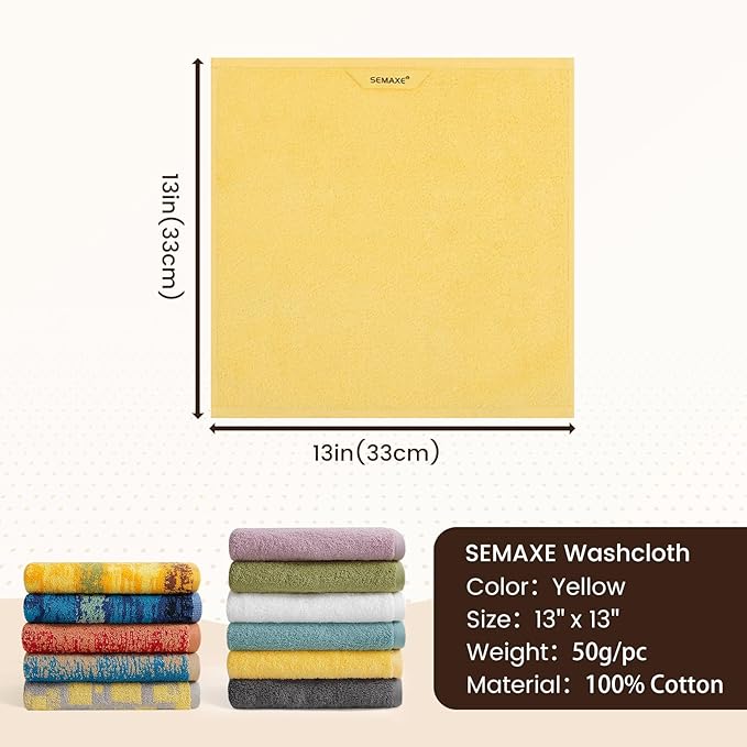 SEMAXE 100% Cotton Washcloths for Bathroom - 24 Pack, Quick-Dry Face Towels with Hanging Loop, Highly Absorbent and Soft, 13x13 Inch, Yellow