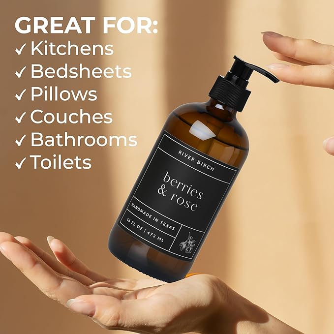 River Birch Berries & Rose Scented Natural Hand Soap - Handmade Soap - Moisturizing Hand Wash with Amber Dispenser - Luxury Scented Hydrating Hand Soap - Vegan and Non Toxic - 16 Fl Oz