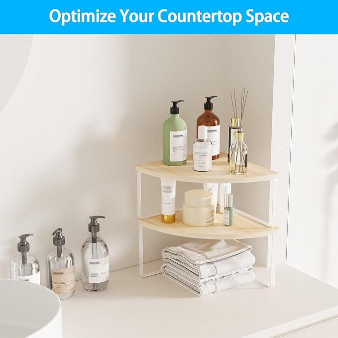 Corner Shelf Countertop Organizer - Set of 2 Corner Shelves for Kitchen Cabinet Organizer, Spice Rack, Stackable Bathroom Stand and Storage, Sink Rack, Corner Cabinet, Counter Decor, Natural Beige