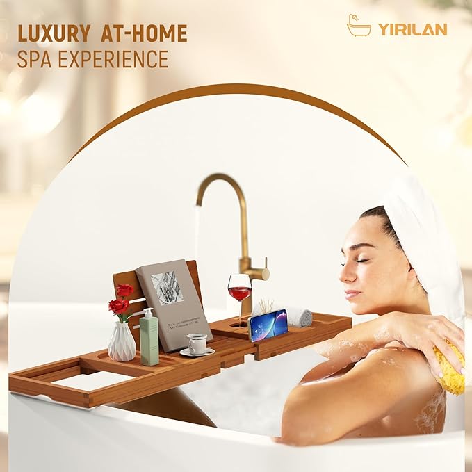 Yirilan Teak Bathtub Tray for Tub, Bath Table Tray for Tub Wood, Bathtub Caddy, Luxury Gift for House Warming, Wedding, Bridal Shower, Anniversary