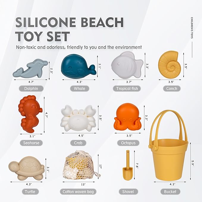 MarcZero 11Pcs Silicone Beach Toys,Modern Baby Beach Toys,Travel Friendly Beach Set,Eco Friendly Toy,Silicone Bucket, Shovel, 8 Sand Molds, Beach Bag,Silicone Sand Toys for Toddlers, Kids (Yellow)