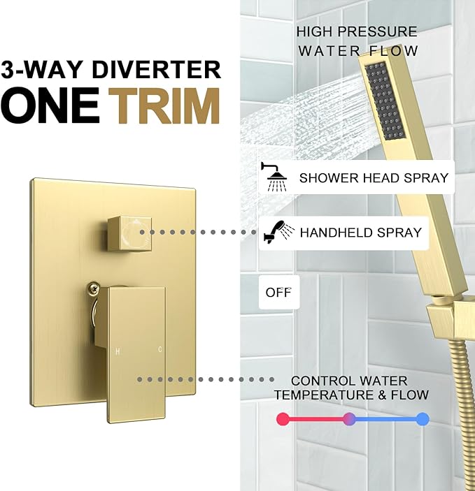 Lava Odoro Modern 2-Setting Square Shower System with Rain Shower Head and Handheld Spray Gold, Rainfall Shower Faucet Set Gold, Shower Valve and Trim Kit, Brushed Gold, SF103-SG