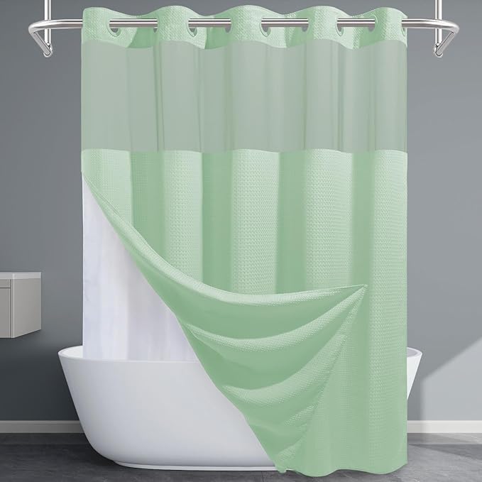 Mint Green No Hook Shower Curtain with Snap in Liner,230GSM Waffle Weave Shower Curtains for Bathroom,71W x 74H