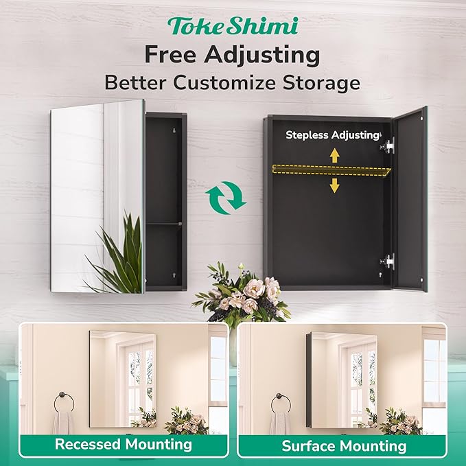 TokeShimi 14 x 18 Black Medicine Cabinet with Mirror, Aluminum Mirror Medicine Cabinet Wall Mounted or Recessed with Stepless Adjustable Amply Storage Metal for Modern Farmhouse