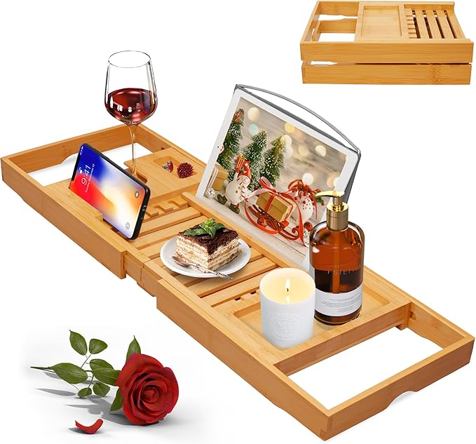 Artmalle Luxury Bathtub Caddy Tray for Tub - Foldable Bamboo Bath Table Tray with Book and Wine Glass Holder, Expandable Bathroom Accessories for Spa or Reading Lite Style