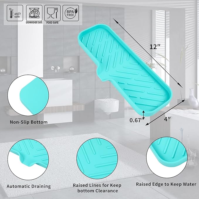 Silicone Bathroom Soap Dishes with Drain Spout-Bathroom and Kitchen Sink Organizer,Sponge Holder,Dish Soap Tray,Perfect for Dispenser,Scrubber,Bottle,Cup on Sink or Counter-Mint 12"×4"