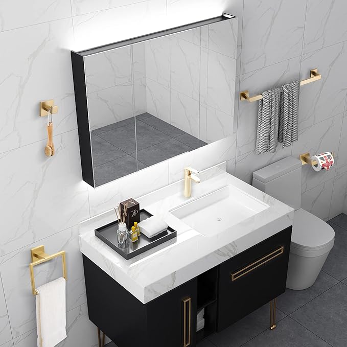 Brushed Gold Bathroom Towel Bar Sets Premium Stainless Steel 4-Piece Bathroom Hardware Set Wall Mounted Square Bathroom Accessories Kit
